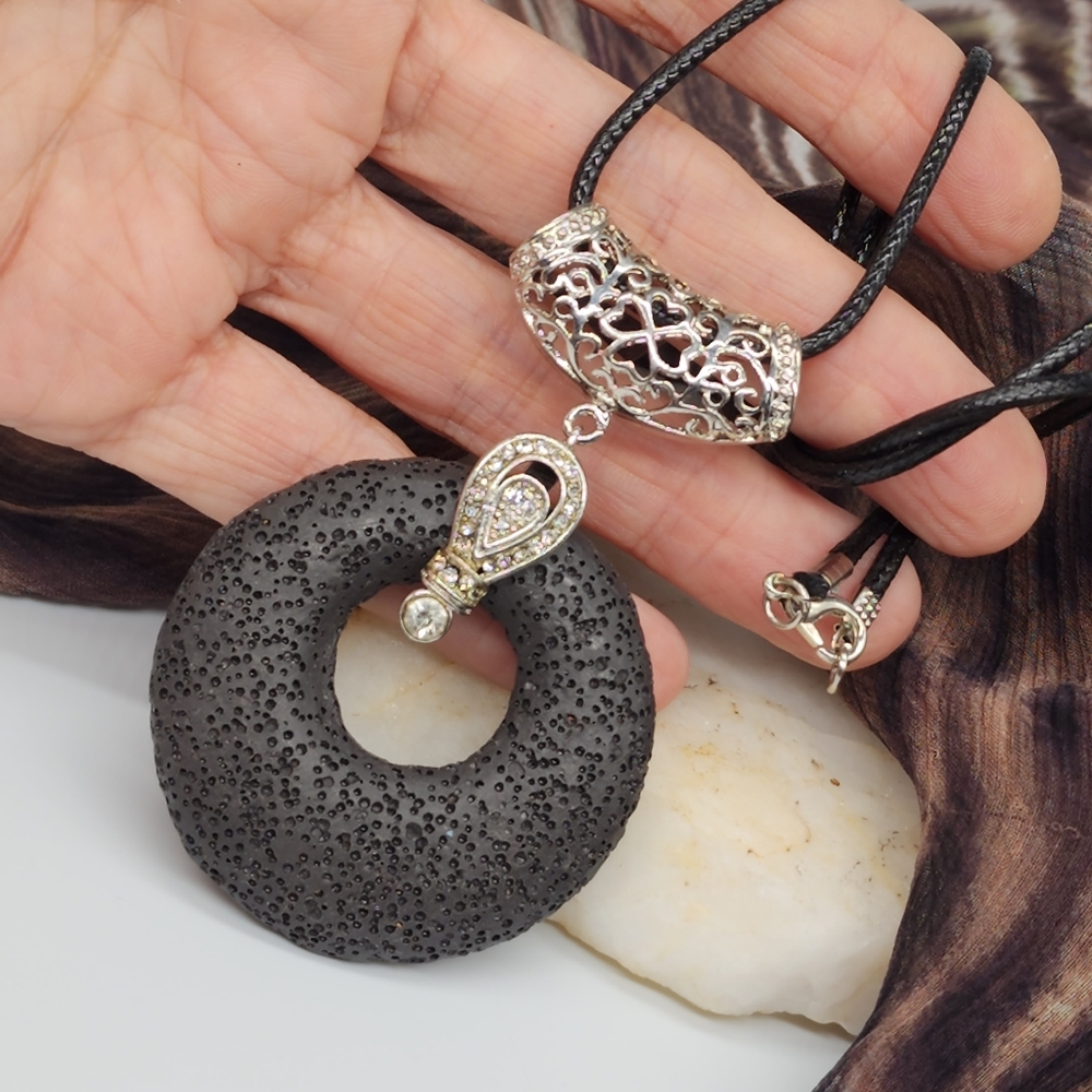Large Silver Pendant Natural Lava Stone Black Cord Round Disc Necklace